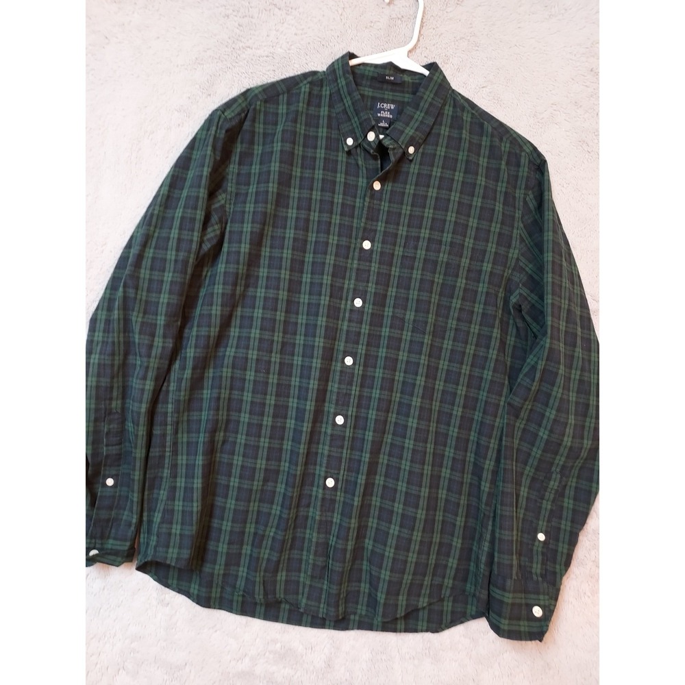 J Crew Shirt Mens Large Slim Fit Flex Washed Tartan Plaid Button Down Green Blue